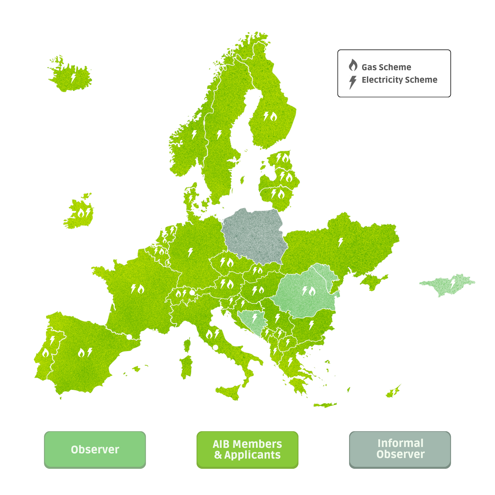European Map showing all AIB Members, Applicants and Observers in different shades of green and gray and which scheme group (electricity or gas) they respectively belong to.